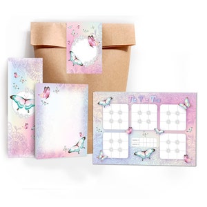 Mitgebsel-Set Tüten Tic Tac Toe Notizblöcke Lesezeichen kleine Gastgeschenke für Kindergeburtstag Schmetterlinge Blumen Teenager Mädchen