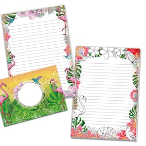 Briefpapier-Set Tropen Papagei Kolibri Pelikan Flamingo Umschläge Kindergeburtstag Mädchen Jungen Kinder Motiv schöne Kuvert Notizblock A5