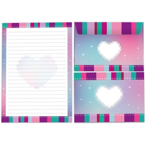 Briefpapier-Set A5 Bausteine Umschläge Kindergeburtstag Mädchen Jungen Geschenk Bauklötze Motiv Notizblock 25 Blätter Kinderpapier Herz rosa