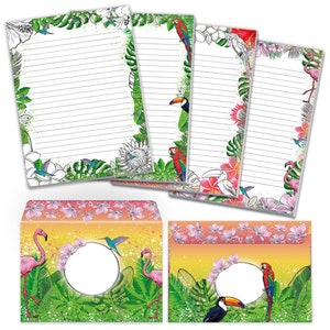 Briefpapier-Set Tropen Papagei Flamingo Kolibri Pelikan Umschläge Kindergeburtstag Mädchen Jungen Kinder Motiv schöne Kuvert Notizblock A5