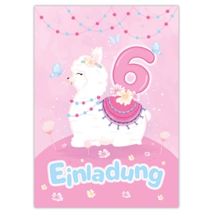 Einladungskarten Lama Pferd zum sechsten 6. Kindergeburtstag Feen Mädchen Mädels Karten Einladungen Alpaka Geburtstag Mitgebsel Malen Blumen