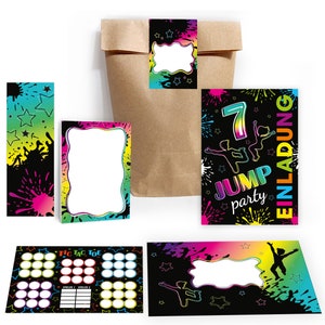 Einladungskarten Jump Party zum 7. Kindergeburtstag Trampolin Mädchen Jungen Einladungen zum Geburtstag Mitgebsel Gastgeschenke Tic Tac Toe