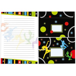 Briefpapier-Set A5 Kinder Jump-Party Umschläge Kindergeburtstag Mädchen Jungen Geschenk Trampolin Motiv Notizblock Block Disco Retro