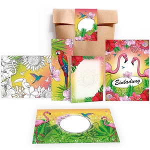 Einladungskarten zum Kindergeburtstag Flamingo Papagei Tropen Mädchen Karten Einladungen Mandala Spiel Mitgebsel Gastgeschenke Pelikan