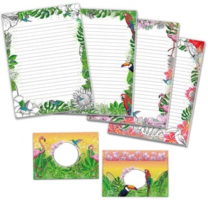 Briefpapier-Set Tropen Papagei Flamingo Kolibri Pelikan Umschläge Kindergeburtstag Mädchen Jungen Kinder Motiv schöne Kuvert Notizblock A4
