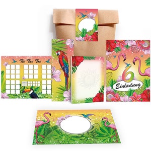 Einladungskarten zum 6. Kindergeburtstag Flamingo Papagei Tropen Mädchen Karten Einladung Tic Tac Toe Spiel Mitgebsel Gastgeschenke Pelikan