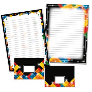 Briefpapier-Set A4 Bausteine Umschläge Kindergeburtstag Bauklötze Party Geschenk Notizblock Bauen Basteln Kinder Mädchen Jungen Papier