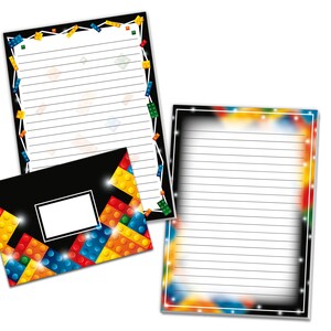 Briefpapier-Set A5 Bausteine Umschläge Kindergeburtstag Bauklötze Party Geschenk Notizblock Bauen Basteln Kinder Mädchen Jungen Papier