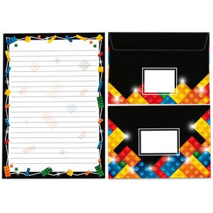Briefpapier-Set A5 Bausteine Umschläge Kindergeburtstag Mädchen Jungen Geschenk Bauklötze Motiv Notizblock 25 Blätter Kinderpapier bunt