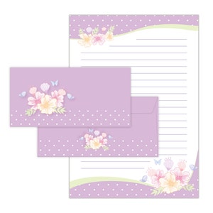 Briefpapier-Set A4 Blumen Umschläge zum Geburtstag Geschenk Kuvert Notizblock 25 Blätter Block liniert Papier Muster Erwachsene lila