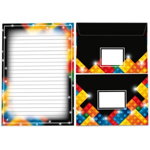 Briefpapier-Set A5 Bausteine Umschläge Kindergeburtstag Mädchen Jungen Geschenk Bauklötze Motiv Notizblock 25 Blätter Kinderpapier Glitzer