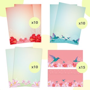 Briefpapier-Set A4 Briefbögen mit Umschlag Tropen Blumen Geschenk Druckerpapier Kolibri Einladungen Briefpost Urkunde Hochzeit Frühling bunt