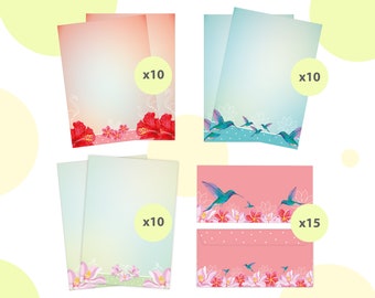 Briefpapier-Set A4 Briefbögen mit Umschlag Tropen Blumen Geschenk Druckerpapier Kolibri Einladungen Briefpost Urkunde Hochzeit Frühling bunt