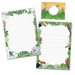 Briefpapier-Set Tropen Papagei Kolibri Pelikan Flamingo Umschläge Kindergeburtstag Mädchen Jungen Kinder Motiv schöne Kuvert Notizblock A4
