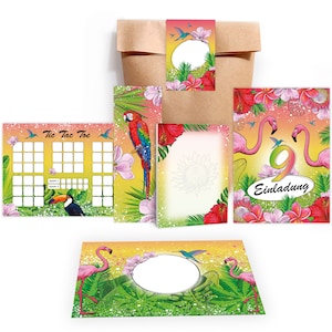 Einladungskarten zum 9. Kindergeburtstag Flamingo Papagei Tropen Mädchen Karten Einladungen Tic Tac Toe Spiel Mitgebsel Gastgeschenk Pelikan