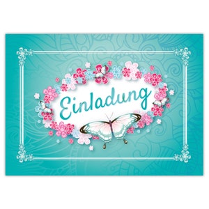 Einladungskarten zum Kindergeburtstag Schmetterling Blumen Mädchen Mädels Karten Einladungen Schmetterling Motiv für Geburtstag türkis Mitgebsel