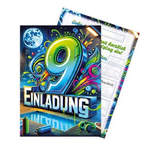 Einladungskarten Graffiti Party zum neunten 9. Geburtstag Street Art Karten für Teenager coole Einladungen Mädchen Jungen Kindergeburtstag