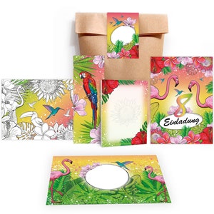 Einladungskarten zum 8. Kindergeburtstag Flamingo Papagei Tropen Mädchen Karten Einladungen Mandala Spiel Mitgebsel Gastgeschenke Pelikan