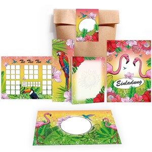 Einladungskarten zum Kindergeburtstag Flamingo Papagei Tropen Mädchen Karten Einladungen Tic Tac Toe Spiel Mitgebsel Gastgeschenke Pelikan