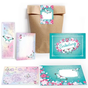 Einladungskarten zum Kindergeburtstag Schmetterling Blumen Mädchen Karten Einladungen Butterfly türkis für Geburtstag Mitgebsel Gastgeschenk