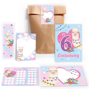 Einladungskarten zum 6. Kindergeburtstag Lama Mädchen Pferd Karte Einladungen Alpaka Motiv für Geburtstag Mitgebsel Gastgeschenk Tic Tac Toe