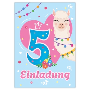 Einladungskarten Lama Pferd zum fünften 5. Kindergeburtstag Feen Mädchen Mädels Karten Einladungen Alpaka Geburtstag Mitgebsel Queen Blumen