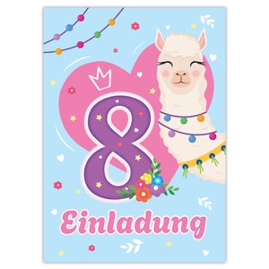 Einladungskarten Lama Pferd zum Achten 8. Kindergeburtstag Feen Mädchen Mädels Karten Einladungen Alpaka Geburtstag Mitgebsel Queen Blumen