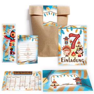 Einladungskarten Indianer zum 7. Geburtstag Indianerdorf Karten Einladungen Federn Mitgebsel Gastgeschenke Stadt Land Fluss Mädchen Jungen
