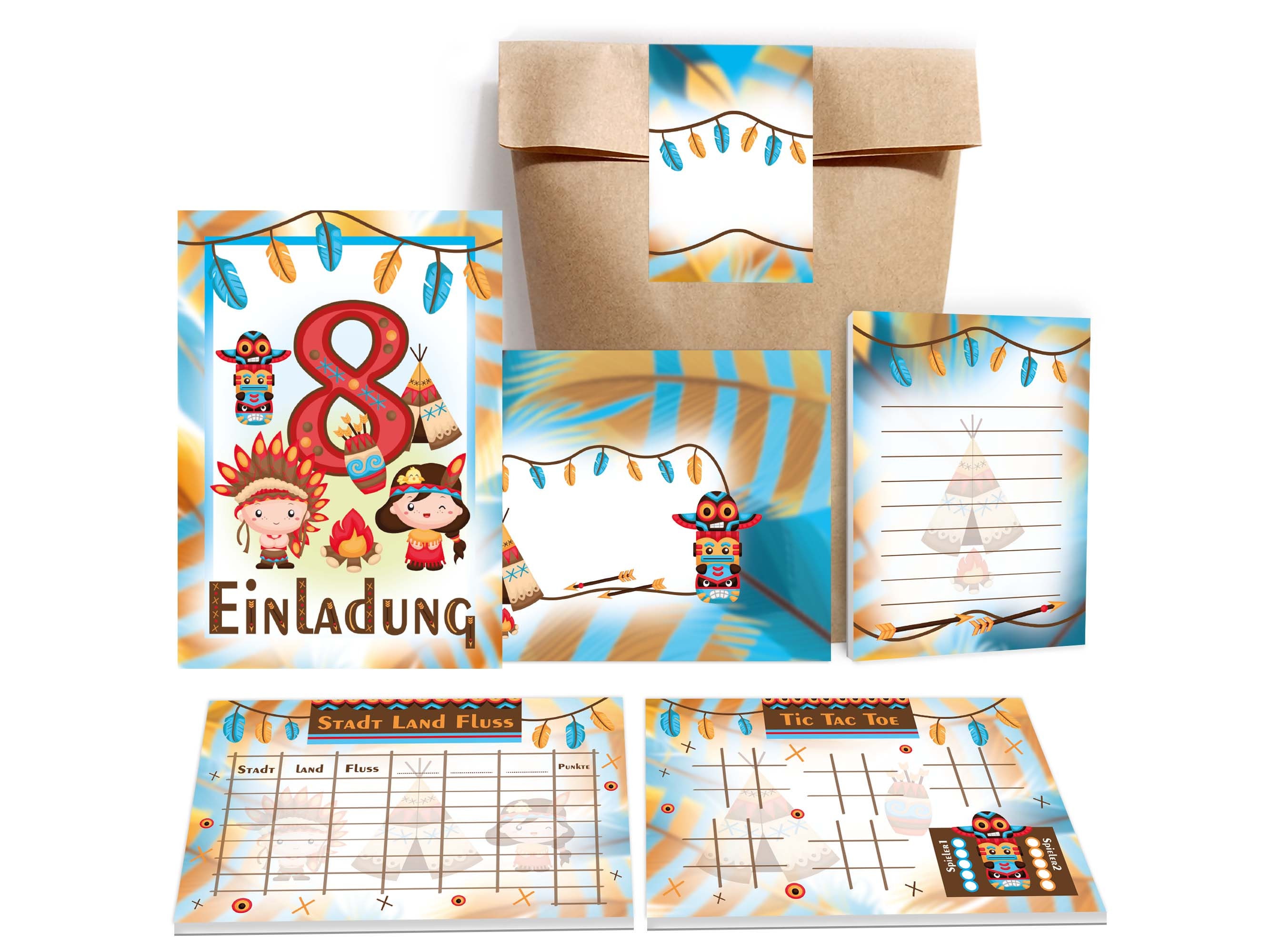 Kindergeburtstag Einladungsset Indianer-Motiv | 8 Karten, Umschläge, Tüten & Aufkleber