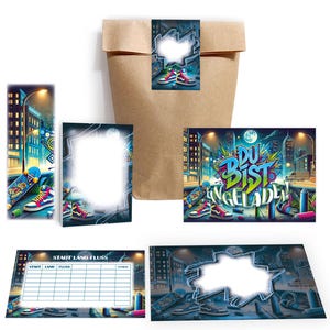 Einladungskarten Graffiti zum Kindergeburtstag Street Art Karten Einladungen Mitgebsel Gastgeschenke Idee Stadt Land Fluss Teenager Teenies