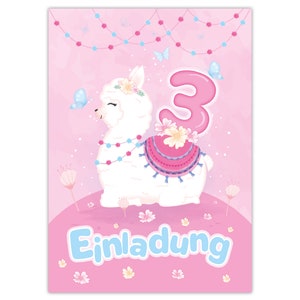 Einladungskarten Lama Pferd zum dritten 3. Kindergeburtstag Feen Mädchen Mädels Karten Einladungen Alpaka Geburtstag Mitgebsel Malen Blumen