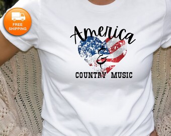 T-shirt met hartvormige Amerikaanse vlag countrymuziek: patriottisch western-T-shirt
