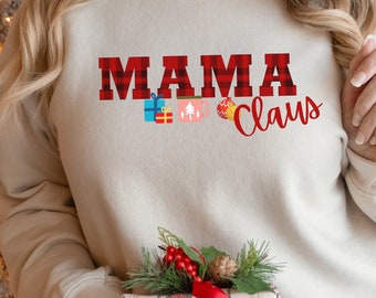 Mama Christmas Sweatshirt in Holiday Plaid for cozy farmhouse style - Unisex Heavy Blend™ Crewneck Sweatshirt perfect for gifted mom