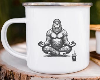 Bigfoot Yoga Enamel Camping Mug: Sasquatch Coffee Cup