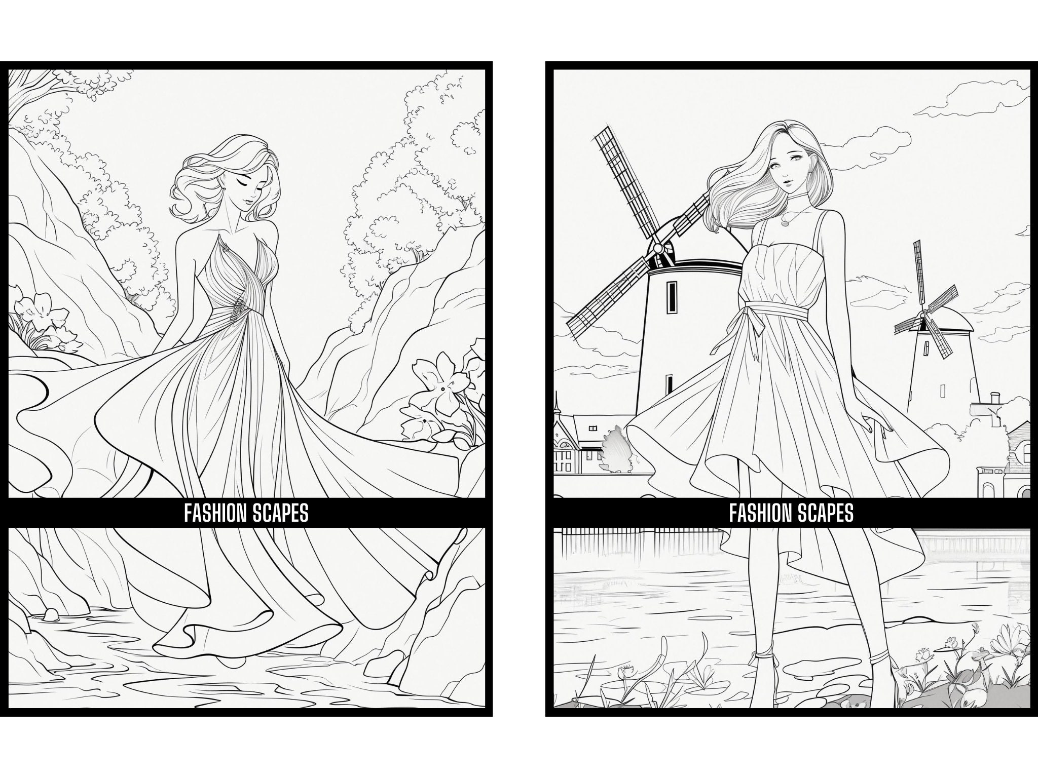 50 Fashion Scapes: A Coloring Journey of Style and Beauty Women, Adult ...