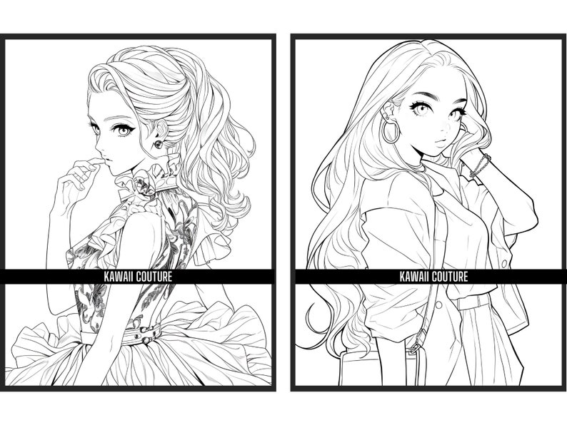 120 Kawaii Couture Coloring Pages: Kawaii Fashion-themed Girls - Etsy