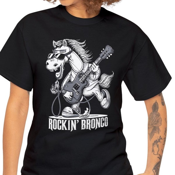 Rockin Bronco, Horse playing guitar, Music Art t-shirt, Band shirt, Guitar enthusiast, Music lover shirt and Unisex Heavy Cotton Tee
