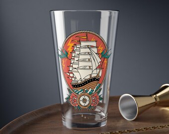 Traditional Tattoo Ship Pint Glass, Pirate Nautical Decor