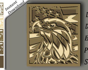3D Patriotic Eagle American Flag - Layered Design- Laser Cutting, Cricut Cutting Files - Glowforge | SVG, DXF, ai, eps, png, dwg- 5 Layers