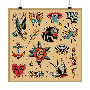Traditional Flash Tattoo Flash Satin Poster | Retro Sailor Ink Icons
