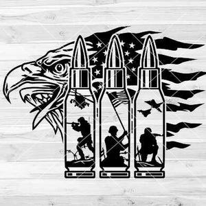 US Eagle Bullets Army Scene Cut Files - Military Patriotic | Laser, Plasma Cutting, Circuit, Silhouette, Glowforge Files - svg, dxf, png