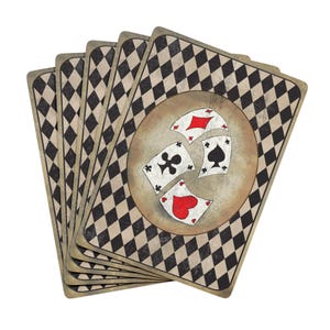 May include: A fan of playing cards with a vintage design. The backs of the cards have a black and white diamond pattern. The faces of the cards show the suits of hearts, clubs, spades, and diamonds.