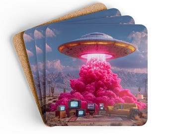 UFO Entführungsszene Korkuntersetzer 4er Set | Retro Fernseher Wüste,Rosa Rauch