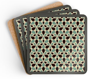 Set van 4 kurken onderzetters met retro bloementegelpatroon | Moderne onderzetters uit het midden van de eeuw