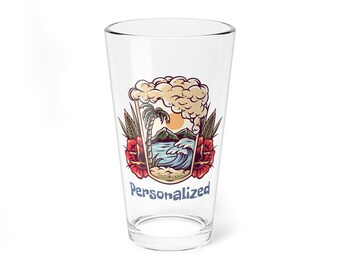 Personalized Summer Tropical Beer Pint Glass, Vintage Tattoo Beach Design, Customized Barware, Perfect Gift for Summer, Housewarming