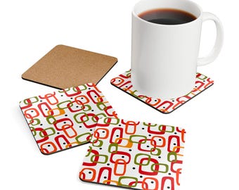 Set di 4 sottobicchieri in sughero con quadrati astratti retrò / Sottobicchieri per bevande in stile moderno di metà secolo