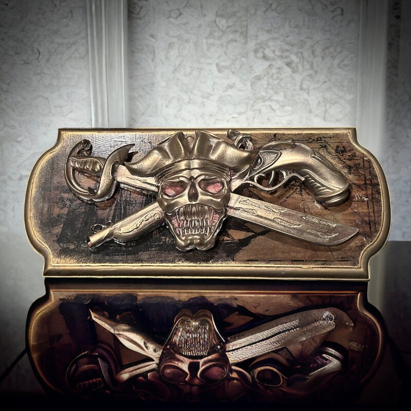 thumbnail image 2 of Wooden Pirate Skull With Crossed Knives Wall Decor – 14x12, Tiki Bar Or Man Cave 2 of 6