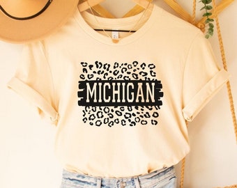 Michigan Tee Shirt for Women Leopard Print Shirt, Gift for Mom Birthday Gift for Wife, Michigan Fan Gift, Michigan Souvenir Tee Shirt Women