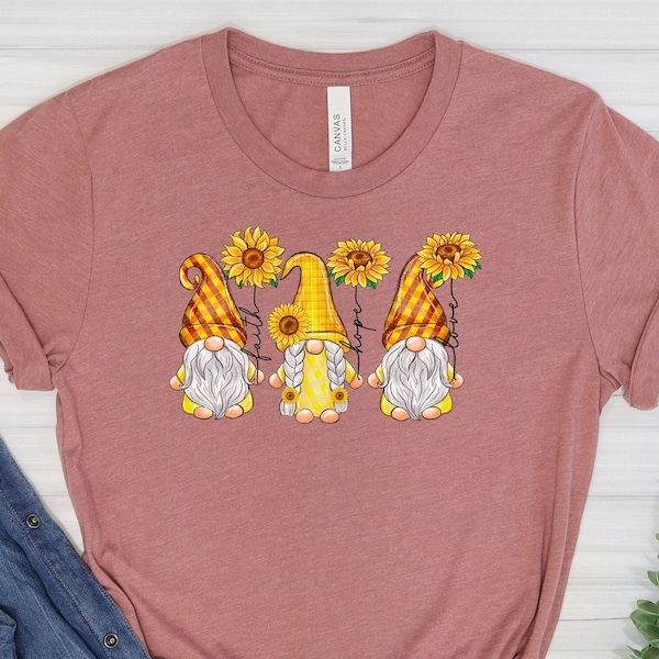 Garden Gnome Shirt, Mom Gardening Gift for Grandma, Faith Hope Love Sunflower Shirt, Gift for GiGi, Gift for Mimi, Garden Gnome Gift Tshirt