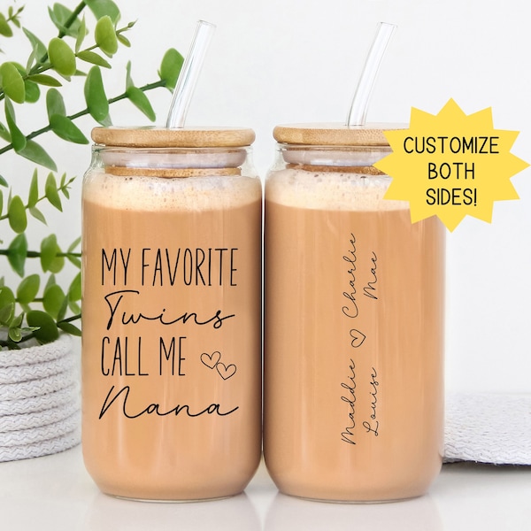 Custom Twin Mama Nana Glass Tumbler, Gift for Mimi, Mom of Twins Personalized Cup with Grandkids Names, Gift for Twin Mom Gigi Tumbler Cup